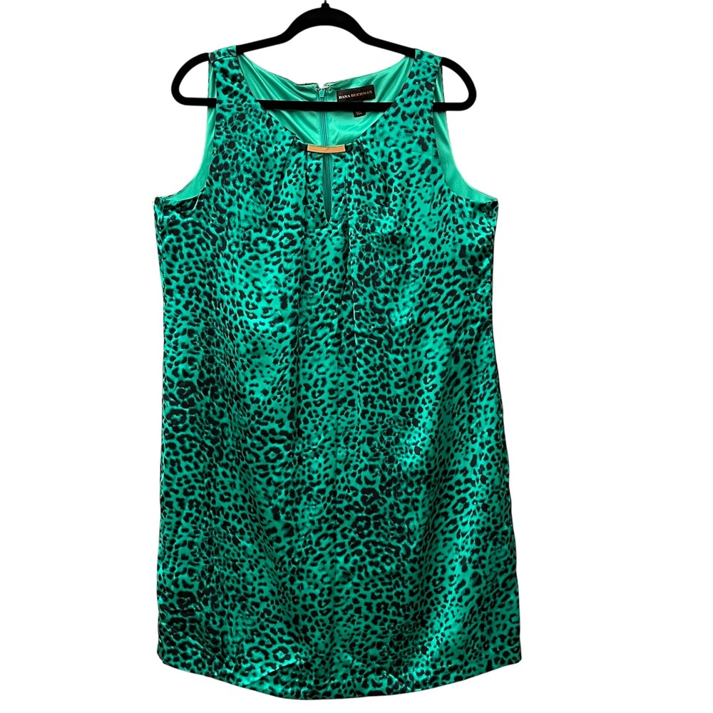 Dana‎ Buchman Women Green Animal Print Sleeveless Sheath Dress L Statement Chic